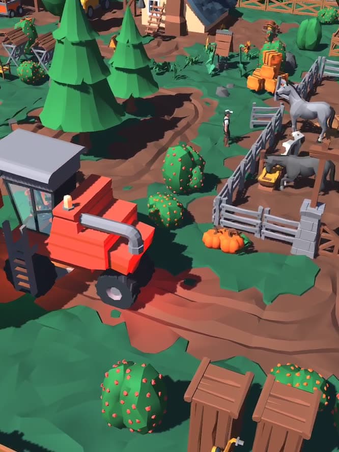 Close-up of a red tractor beside a livestock pen in the AR farm